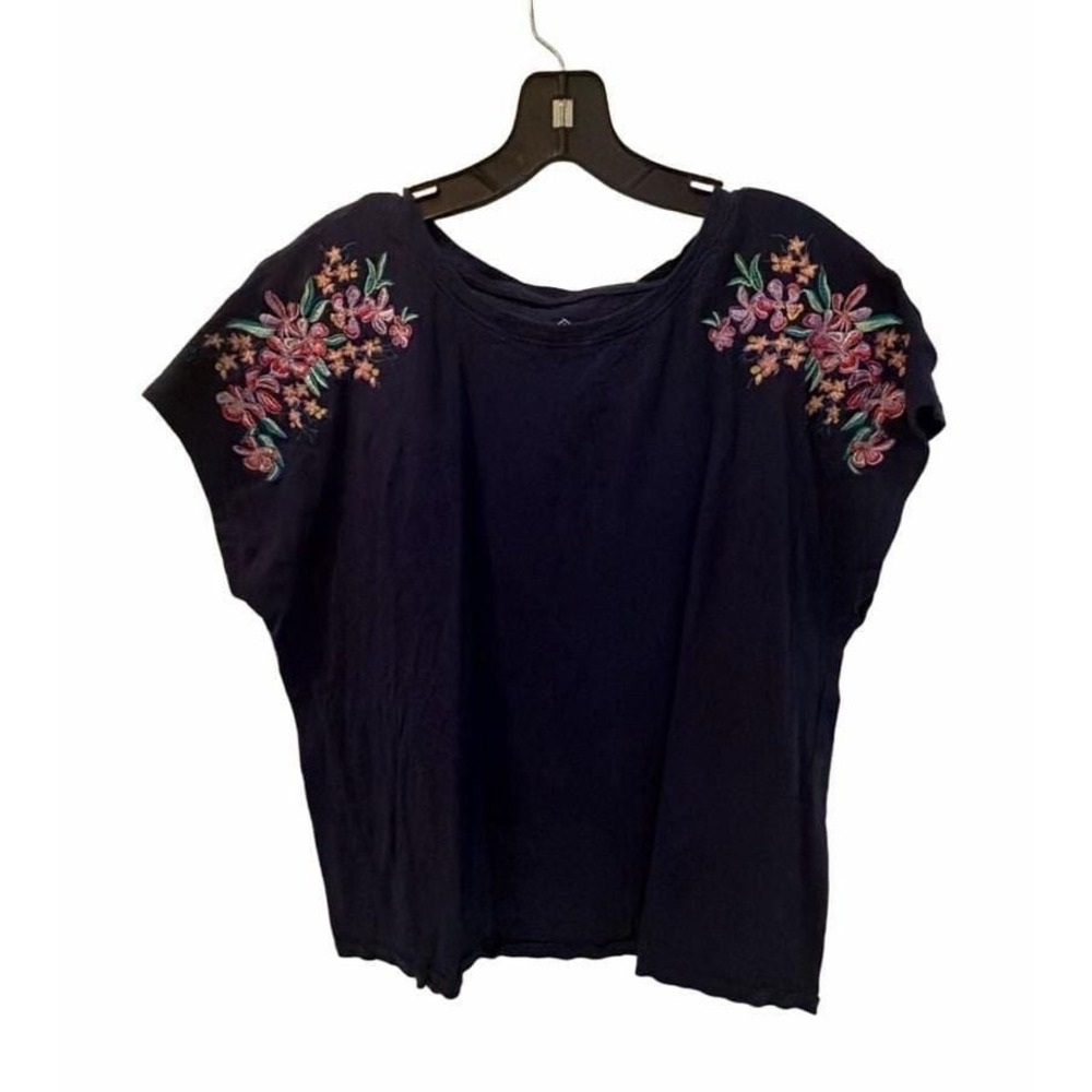 St John's Bay Navy Blue Floral Embroidered Shoulder T-Shirt XL